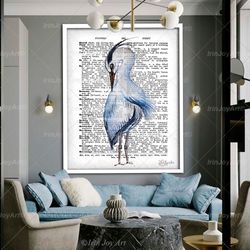 Blue heron wall art decor Bird canvas painting Dictionary book page print Beach coastal tropical modern bedroom Boy girl