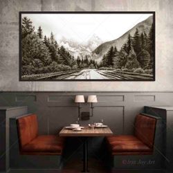 Black and white monochromatical panoramic landscape wall art Brown Gray Sepia Nature Forest Mountains print Modern large