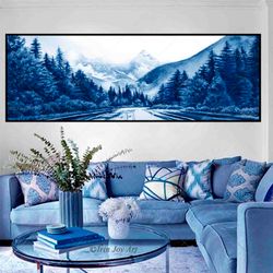 Blue monochromatical panoramic landscape wall art Nature photo print National Park Forest Mountains Modern large long ca