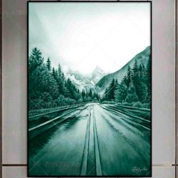 Magic landscape picture, English landscape painting Neutral pastel green gray travel road wall art poster, Original gift