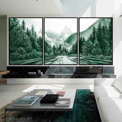 Set 3 print Gallery wall art Green abstract landscape Forest large long canvas painting Beautiful Mountain Nature poster