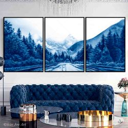 Set 3 print Gallery wall art Blue abstract landscape Mountains Forest large long canvas painting for living room decor
