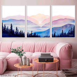 Sunset Blue Ridge Mountains wall art print Set of 3 pieces North Carolina Sunrise Artwork Landscape Sky illustration