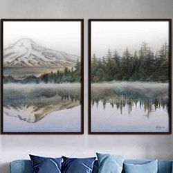 Snowy foggy mountain large canvas painting Set 2 pieces Gray landscape wall art prints, Nature forest lake Modern poster