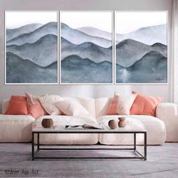 Set 3 art prints Grey cold black white mountains wall art Multi pannel abstract landscape canvas painting Office modern