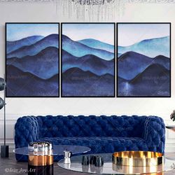 Set 3 wall art prints Blue mountaings Multi panel landscape ocean waves abstract minimalist paintings on canvas textured