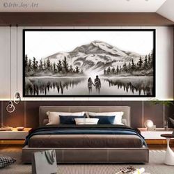 Black white mountains wall art Sepia abstract modern panoramic watercolor landscape Nature canvas painting Forest brown