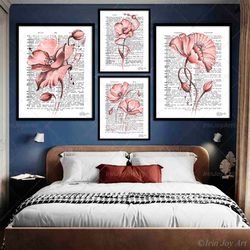 Bright coral collage flower poppy art print Dictionary book page vintage art Abstract boho rose pink floral Botanical