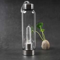 Healing Natural Quartz Water Bottle – Elegant Glass and Stainless Steel, Enhances Well-Being, Hand Wash Only