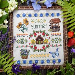 Summer Time cross stitch pattern download PDF Country House cross stitch Strawberry and Flowers cross stitch pattern
