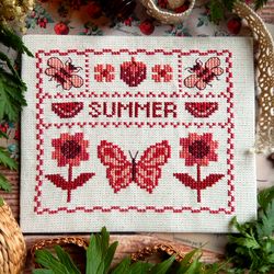 Summer cross stitch pattern Butterfly cross stitch Strawberry cross stitch Bee cross stitch