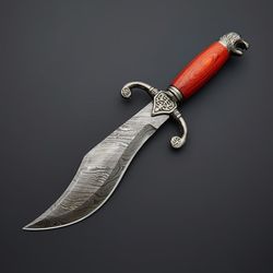 Hunting Bowie Knife handcrafted to order in Damascus steel with a leather sheath