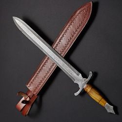 Handcrafted Hunting Sword Made of Damascus Steel with a Leather Sheath