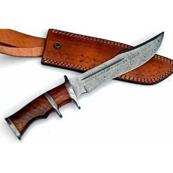 Damascus steel knife, hand-forged knife, sheathed hunting knife, camping knife with fixed blade, Bowie knife, handmade