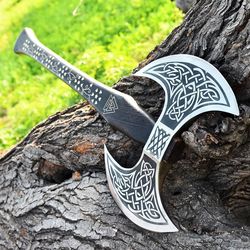 Viking Axe with two heads, battle axe, and hand-forged steel double blade