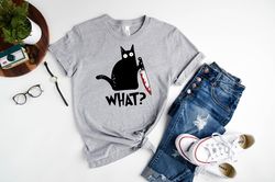 Killer Cat Tshirt, Cat What Sweatshirt, Cat With Knife Hoodie, Funny Black Cat Gift Oversized Cat Lover Halloween Tee Tr