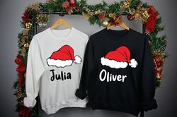Personalized Family Christmas Sweatshirts, Custom Couple Christmas Sweatshirt, Matching Family Santa Hat Sweatshirt, Cou
