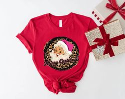 Women's Leopard Print Christmas Shirt, Leopard Santa T-Shirt, Merry Christmas Shirt, Xmas Leopard Tees, Merry Xmas Santa