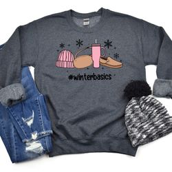 Winter Basics Crewneck Sweatshirt, Basic btch, Stanley Cup, Belt Bag, Ugg Slippers, Cozy Oversized Sweater, Trendy