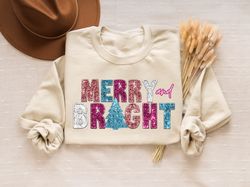 Glitter Merry and Bright Sweatshirt, Christmas Crewneck Sweatshirt, Family Christmas Sweater, Merry Christmas, Christmas