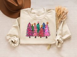 Pink Christmas Tree Sweatshirt, Pink Trees Hoodie, Womens Chritmas Crewneck, Pink Holiday Shirt, Winter Sweater, Holiday