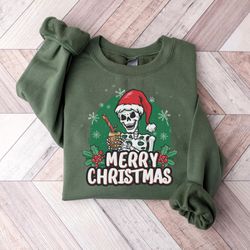 Dead Inside Skeleton Christmas Sweatshirt, Festive Coffee Merry Christmas Crewneck, Holiday Mistletoe Skeleton Santa Swe