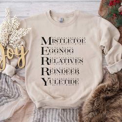 Merry Holiday Christmas Sweatshirt, Cute Winter Yuletide Crewneck Sweat Shirt, Merry Reindeer and Eggnog Quality Gift