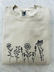 Embroidered wildflowers Sweatshirt, Minimalistic embroideredFlower Crewneck, Floral Crewneck, Women's Crewneck,plant swe