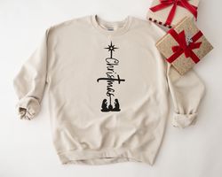Cross Christmas Shirt, Nativity Scene, Joy to the World Sweatshirt, Religious Christmas Gift Faith Shirt for Woman, Ladi