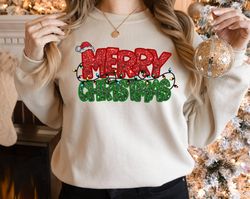 Christmas Sweatshirt, Faux Embroidery Christmas Sweatshirt, Christmas Sweatshirts for Women,Sequins Glitter ,Merry Chris