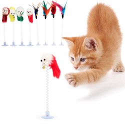 Interactive Multicolor Feather Stick Spring Toy for Cats: Entertaining Pet Tool with Suction Cup, Bell, and Elastic Scra