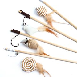 Interactive Feather Cat Wand Toy: Funny Kitten Teaser with Colorful Rod - 1PC Wood Pet Supply