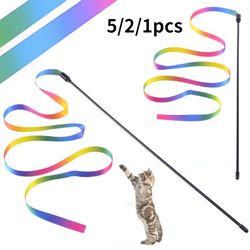 Cute Cat Interactive Toys: Colorful Teaser Wands for Playful Felines | Rainbow Ribbon Cat Sticks and More Pet Supplies