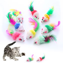 Cute Mini Soft Fleece False Mouse Cat Toys with Colorful Feathers: Funny Training Toys for Cats, Kittens, and Puppies -