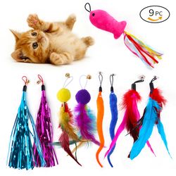 Colorful Feather Replacement Heads: 9-Pack Cat Toy Set with Tassel & Fishing Rod – Interactive Fun for Cats
