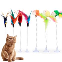 Spring Pet Toy with Bell: Colorful Mouse and Feather Design, Suction Cup Base - Cat Accessory