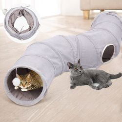 Indoor Cats' Fun: Collapsible Cat Tunnel with 3-Way Play Tube - Grey Suede Pet Toy