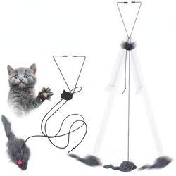 Interactive Hanging Cat Mouse Toy: Retractable Scratch Rope, Feather Stick Fun for Cats | Pet Products
