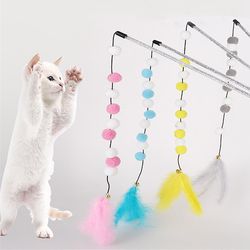 Pompom Cat Toys: Interactive Stick Feather Toy for Kitten Play - Durable, Teasing, and Fun!