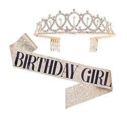 Sparkling Rhinestone Crystal Crown Tiara & Birthday Satin Sash - Perfect for 18th, 21st, 30th, 40th, 50th Birthdays & An