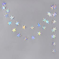 Laser Silver Paper Star Garland Banner for Happy Birthday, Baby Shower, Wedding, Christmas Decor