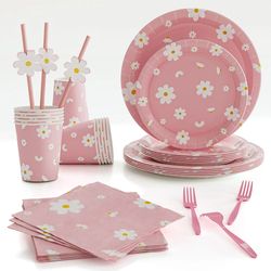 Daisy Theme Birthday Party Decor: Pink Disposable Tableware & Napkins