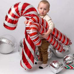 5pcs Big Christmas Cane Crutch Candy Lollipop Foil Balloons: 4D Silver Round Balls for New Year & Christmas Decoration |