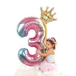 2pcs 32-inch Rainbow Number Foil Balloons with Crown for Kids' 1st Birthday Party Decorations - Rose Gold Figures Globos