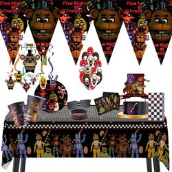 FNAF Five Nights at Freddy's Birthday Party Decorations: Kids Disposable Tableware Set with Cups, Plates, Napkins, Straw