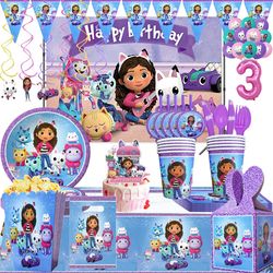 gabby dollhouse cats birthday party supplies: decoration, balloon, tableware & backdrop
