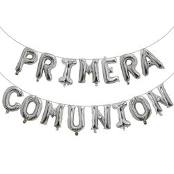 Holy First Communion Decoration: Rose Gold Foil Balloons Banner & Spanish Primera Comunion Hanging Bunting - Baptism Cer