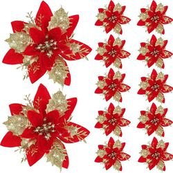 Glitter Artificial Christmas Flowers For Tree Decoration & New Year Ornaments - Xmas Fake Flowers Natal