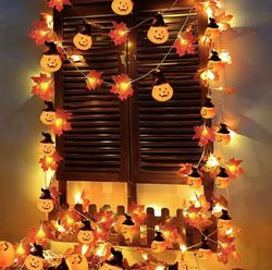 Artificial Fall Maple Leaves Pumpkin Garland LED Autumn Decorations - Halloween & Thanksgiving Party Supplies