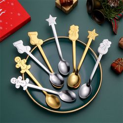 Christmas Stainless Steel Dessert Spoons: Festive Gingerbread Man and Snowman Designs for New Year Dinner Table Decor